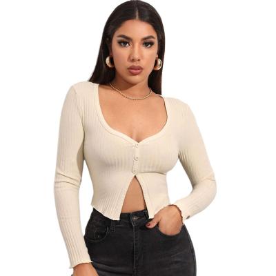 China 2022 Wholesale Breathable Spring and Autumn Fashion Sexy Versatile Women's Knitted Crop Tops Long Sleeve Slim Fit Split T-Shirts for sale