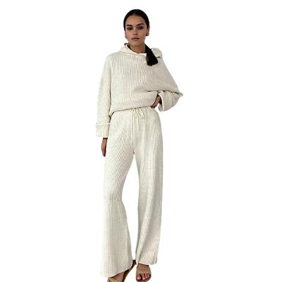 China 2022 Autumn New Women's Fashion Breathable Sweater Knitted Wide-Leg Pants Solid Color Two-piece Loose Suit for sale