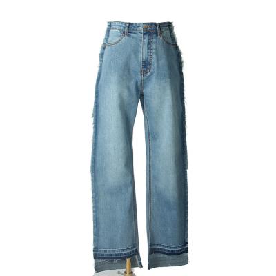 China Color Fade Proof New Arrival Fitted Wide Leg Short Front And Raw Edge Long Back Jeans With Raw Sideseam for sale