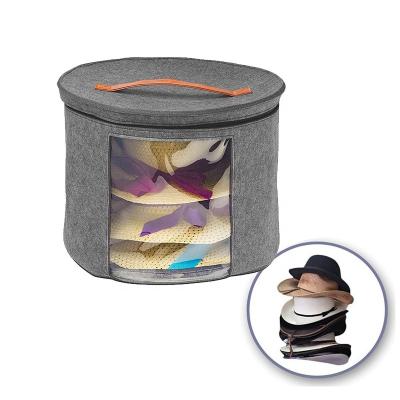 China Felt Viable Round Foldable Hat Organizer Family Travel Storage Box 17 Inch Hat Storage Box With Dust Cover for sale