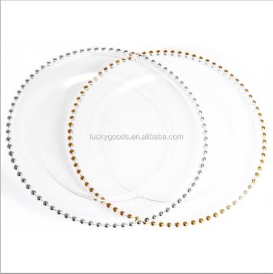 China Wholesale LCK006 Fashionable Wedding Gold Transparent Rim Beaded Charger Glass Dish For Wedding And Engagement for sale