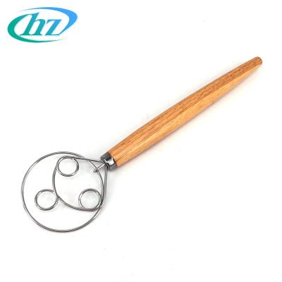 China Sustainable Danish 304 Stainless Steel Oak Manual Dough Mixer Beater Wooden Handle For Baking Accessories for sale