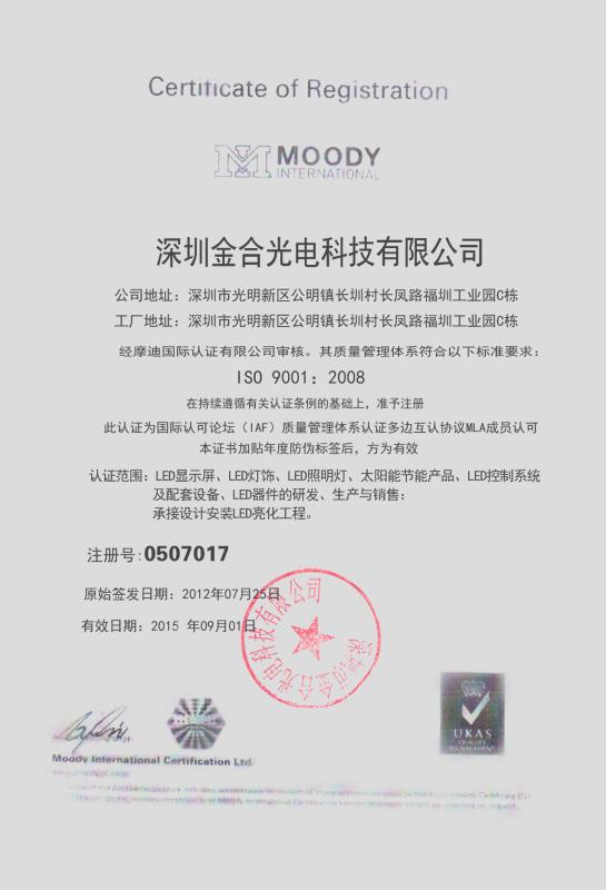 ISO9001-2008 Certificate - Shenzhen Jinhe Optoelectronics Technology Co.,Ltd