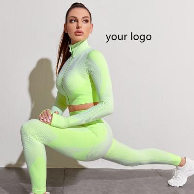 China Breathable Quick Dry Zipper 2 Piece Sport Sets Seamless Ribbed Gym Long Sleeve High Waist Pants Yoga Wear for sale