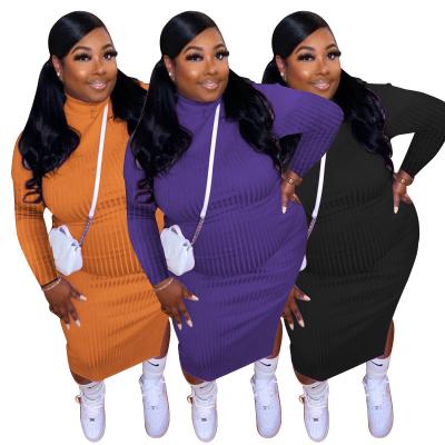 China Women's Knee-Length Dresses Anti-Static Collar Stripes High Tight Women's Clothing Plus Size Autumn Sweater Dress 2021 for sale