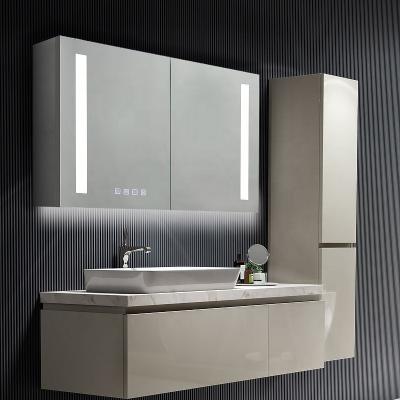 China Illuminated Double Doors Illuminated Led Mirror Cabinet For Bathroom for sale