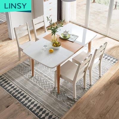 China Linsy Extendable 4 6 Chair Dining Furniture Wooden Adjustable Dining Table Set Luxury Marble Top Dining Table DK1R-B for sale