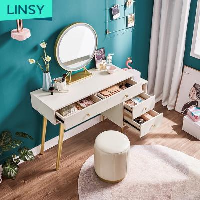 China (Size) Linsy Furniture Adjustable Nordic White Corner Mirrored Vanity Makeup Dressing Table With Lighted Mirror And Stool JF1C for sale