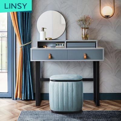 China Linsy Adjustable Modern Adult Nordic Bedroom Makeup Desk Vanity Table Mirror Dresser Solid Wood Blue Dressing Table Small For Girls Ft1C-B for sale