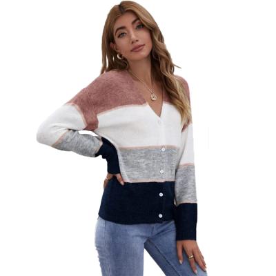 China Spring And Autumn Fashion Striped Color Block Anti-wrinkle Knitting Cardigan Sweater Ladies Long Sleeve Casual Loose Sweater Jacket for sale