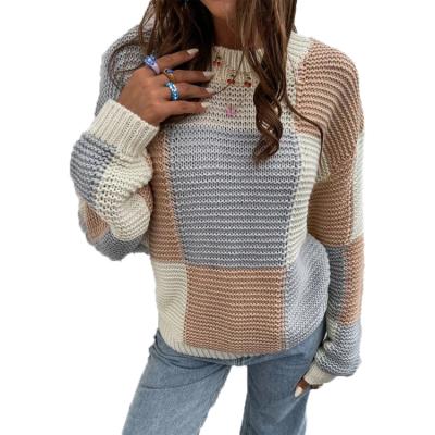 China 2021 Autumn Fashion Color Block Striped Sleeve Long Retro Casual Knitt Women's Pullover Sweater Anti-Wrinkle for sale