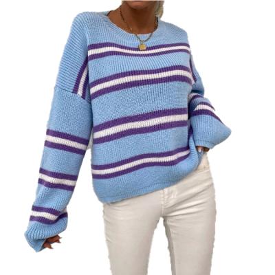 China Anti-Wrinkle Fashion Autumn Round Neck Long Sleeve Girls Pullover Striped Sweater Ribbed Loose Knit Women's Sweater for sale