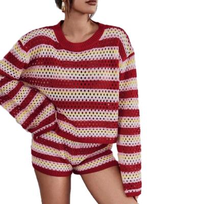 China Autumn and winter women's sweater two-piece set QUICK DRY round neck knit stripe contrast pullover cropped sweater for sale