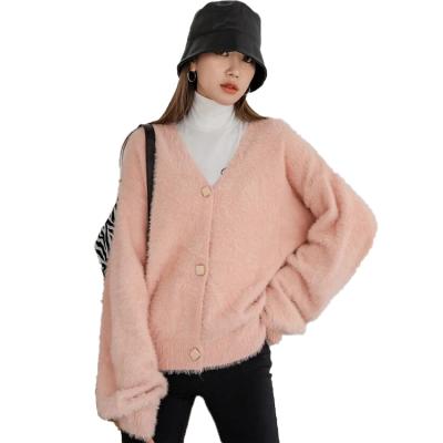 China Anti-wrinkle 2021 autumn and winter new fashion loose V-neck women's buttons solid color sweater coat for sale