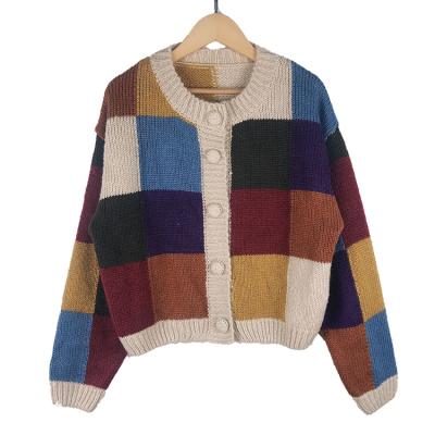 China Anti-wrinkle color grid style mohair knitted sweater coat button single splicing cardigan sweater for sale