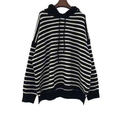 China Anti-pilling Women's Sweater Knitted Loose Striped Sweater Hooded Sweatshirt for sale