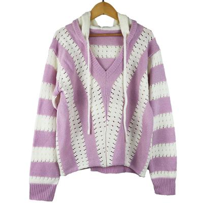 China Anti-Wrinkle Purple Striped Women Knitted Sweater Pullover V-Neck Hoodies Sweaters for sale