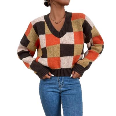 China Custom Women's Round Neck Anti-Wrinkle Spring Plaid Pullover Long Sleeve Knitted Sweater for sale