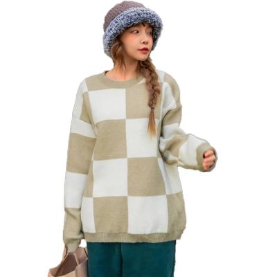 China Anti-Wrinkle Spring Women's Wholesale Plus Size Sweater Plaid Round Neck Knitted Pullover for sale