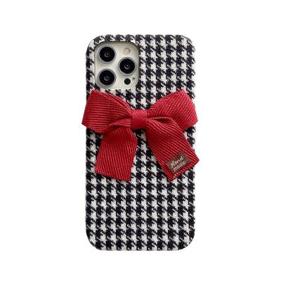 China Plush Thousand Island Shockproof Grid Cloth Houndstooth Bow Knot Design Solid Cell Phone Case For iPhone 7 xr 8 x plus 11 12 13 pro max for sale