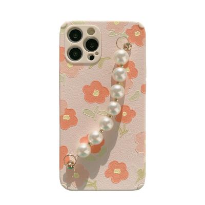 China New Pearl Pattern Flower PU Sublimation Soft Phone Case Chain Design Shockproof Leather Shockproof Phone Case For iPhone 7 8 plus xr 11 12 13 pro max for sale