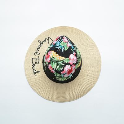 China Picture Fashion Hawaii Beach Hats Women's Summer Wide Brim Hats Foldable Flower Letter Embroidered Wholesale Women Panama Straw Hat for sale