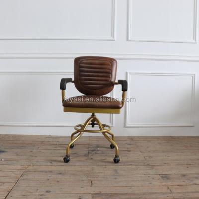 China Swivel Chair Gold Color Powder Coating Rolling Wheels Base And Armrest Vintage Old Solid Wood Office Chair for sale