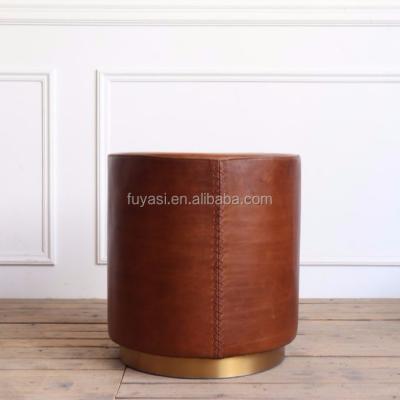 China Coffee table vintage brown leather top and gold color plating brushed round coffee table side bottom table for sale