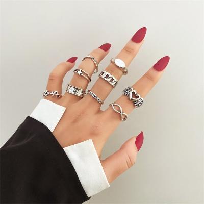 China 7pcs/set Women's Silver Hip Hop Retro Casual/Sporty Gypsy Rings Square Snake Flower Gossip Star Moon Butterfly Cavity Ring Set For Women for sale