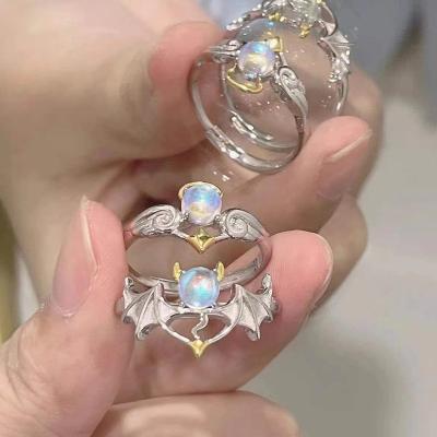 China Creative Angel Devil Moonstone 14K Gold Design Couples Rings Lover Casual/Sports Finger Jewelry Plated Adjustable Funky Rings for sale