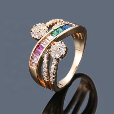 China Stylish Casual/Sporty Fashion Color Geometric Ring For Women Finger Jewelry Romantic Gold Plated Full Colorful Zircon Rainbow Diamond Rings for sale