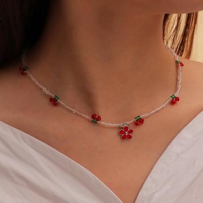 China Fashionable Wholesale CLASSIC Crystal Cherry Bead Necklace Flower Charm Handmade Necklace For Women Rice Beads Choker Necklace Y2K for sale