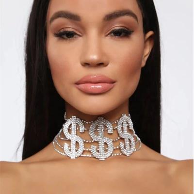 China Fashion Ethnic Exaggerated Rhinestone Dollar Letter Necklace Letter Hip Hop Symbol Punk Clavicle Chain Necklace Scarf for sale