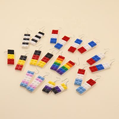 China TRENDY Vintage Circle Earrings Piercing Plastic Rainbow Bricks Building Blocks Earrings Clip On Girl Toy Brick Earrings for sale