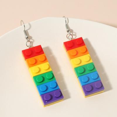 China New Trendy Ins Colorful Rainbow Building Block Funny Geometric Drop Earrings Resin Earrings For Woman Girl Kids Party Jewelry for sale