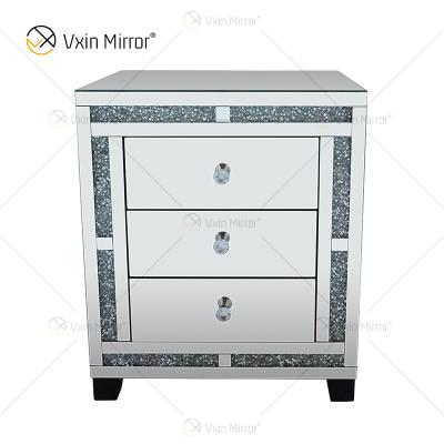 China (Other) Good Quality Adjustable Silver Crushed Diamond Nightstand Bedside With 3 Drawer Mirrored Bedside Table for sale