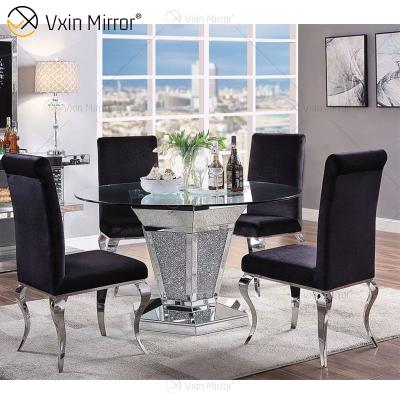 China (Others) 2020 Adjustable New Design WXF-100 Crushed Diamond Round Silver Dining Table With Tempered Glass Table Top for sale