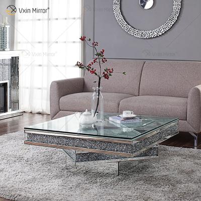 China Home Furniture Vxin WXF-158 3D Diamond Glitter Crushed Square Mirrored Silver Coffee Table Tempered Glass Table for sale