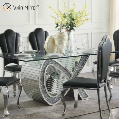 China (Others) 2021 Adjustable New Design Crushed Diamond Round Silver Dining Table With Tempered Glass Table Top for sale