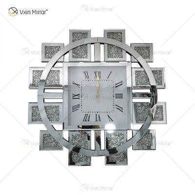 China (Other) Adjustable Mirrored Clock WXMC-082 Crushed Silver Diamond Wall Decor Elegant Round Clock for sale