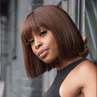 China Hot Beauty Silky Straight Wave Hair Brazilian Short Bob Wig With Bang Wholesale #4 Color Blow Cut Blunt Bob Wigs Vendor for sale