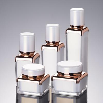 China Luxury Recycable Pearl White Rose Gold Square Shape Acrylic Airless Lotion Pump Bottle for sale