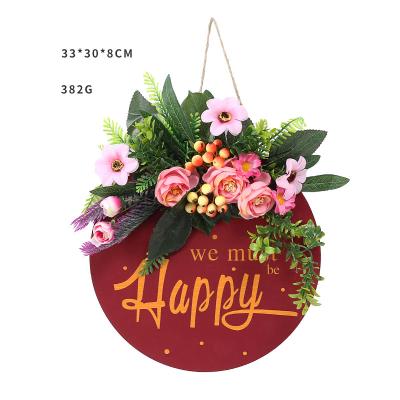 China Rustic Wood Ornaments Welcome Sign Garland Wreath Home Front Door Hanging Christmas Party Wholesale Farmhouse Decorative Artificial Flowers for sale