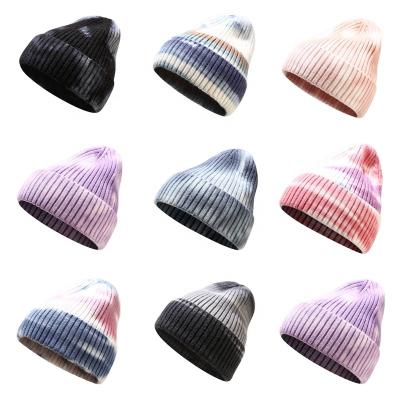 China COMMON Unisex Ski Tie Dye Knit Hat Plain Winter Tie Dye Fur Knitted Beanie Hats for sale