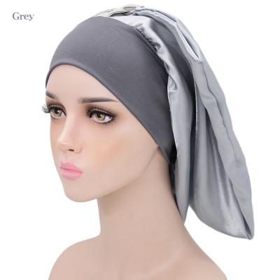 China Decorate Blank New Long Satin Elastic Hood For Girl Woman Braids Sleep Hats With Metal Snap for sale