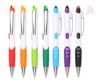 China Promotional Pen Newest Design Solid White Barrel With Handle Metal Clip Highlighter Bar Promotion Colorful Rubber Ball Pen for sale