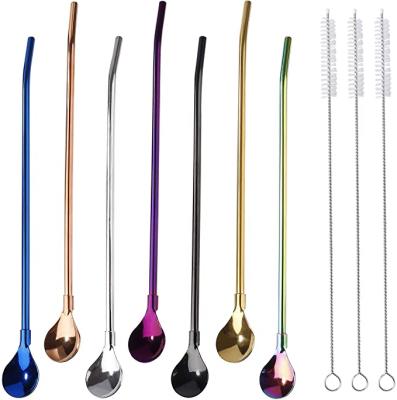 China Durable Straw Stainless Steel Spoons Metal Disposable Drinking Straw Spoon with 7 Cleaning Brush 3 (Multicolor) for sale