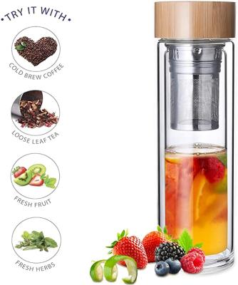 China Sustainable Tea Travel Infuser Mug Glass Water Bottles Bottle Borosilicate Clear Water Bottle With Bamboo Lid for sale