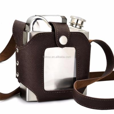 China Portable Hip Detachable Flask 18oz Stainless Steel Case PU Jug Case Sheath Outdoor Large Capacity With Brown PU Leather Wrappped for sale