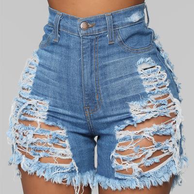 China 2022 Summer Breathable Women Denim Shorts Hole Elastic Fringed Solid Top Shorts Jeans Denim Shorts for sale